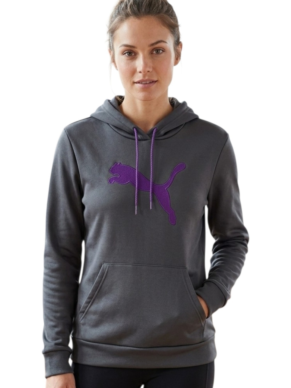 Puma Women's Charcoal Gray Hoodie with Purple Puma Logo